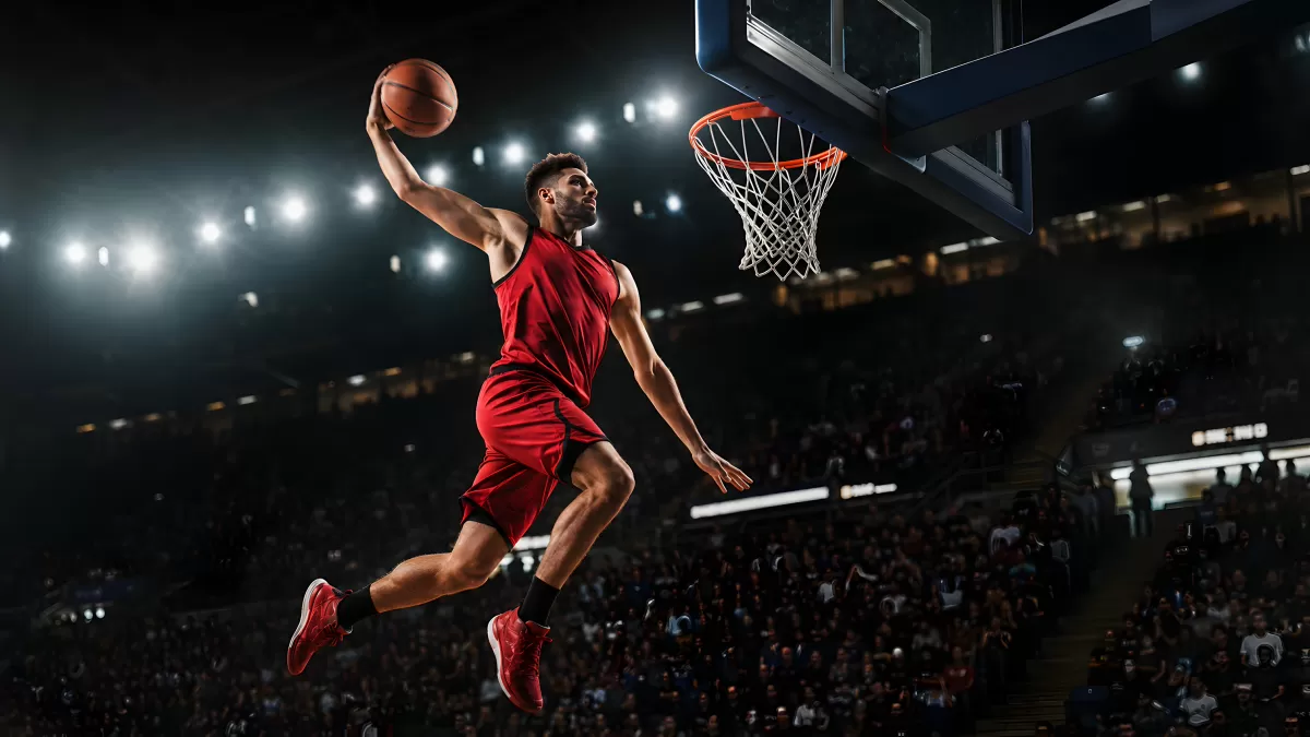 Basketballspieler beim spektakulären Dunking im Stadion