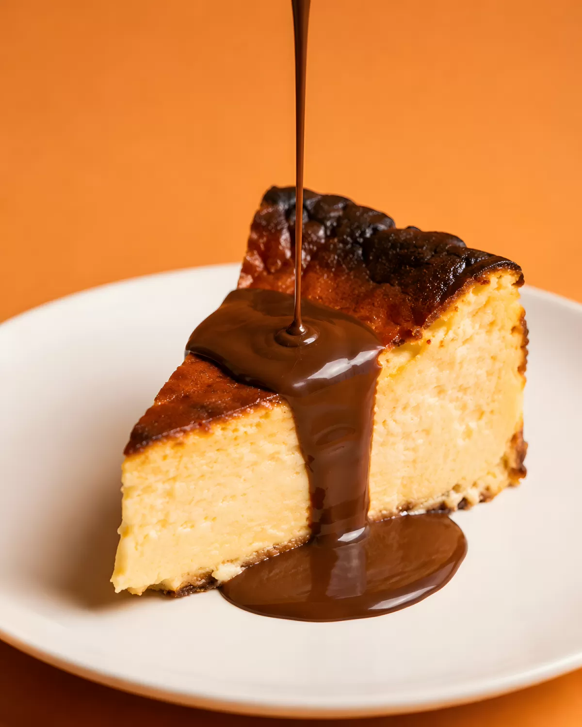 Basque Cheesecake mit Schokoladensauce auf Teller