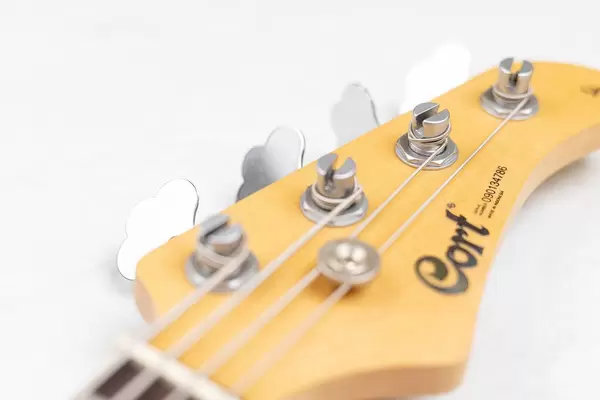 Bass Guitar head with Cort sign on the wood