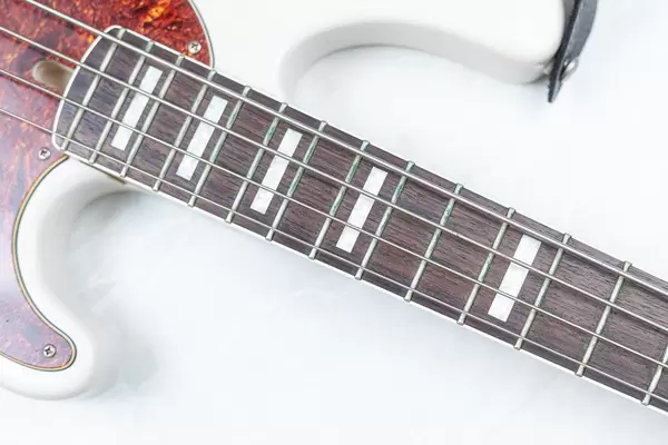 Bass Guitar neck with frets above white background