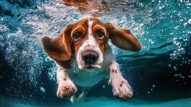 Basset-Hund taucht unter Wasser mit konzentriertem Blick