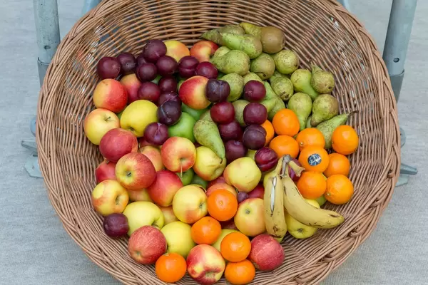 Bastkorb mit verschiedenen ganzen Früchten wie Bananen, Äpfel, Pflaumen, Orangen und Birnen