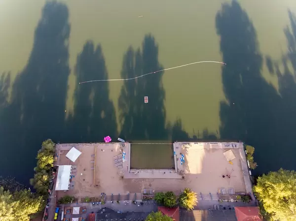 Bathing beach Weißensee in Berlin photographed from above