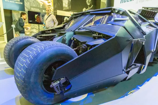 Batmans car in the UC-Universe: Close-up of the batmobil The Tumbler exhibited on German IFA-fair