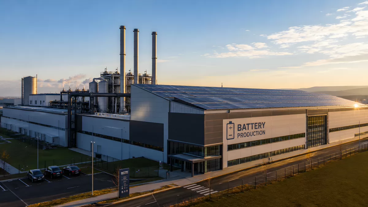 Batterieproduktionswerk mit Solaranlage bei Sonnenuntergang