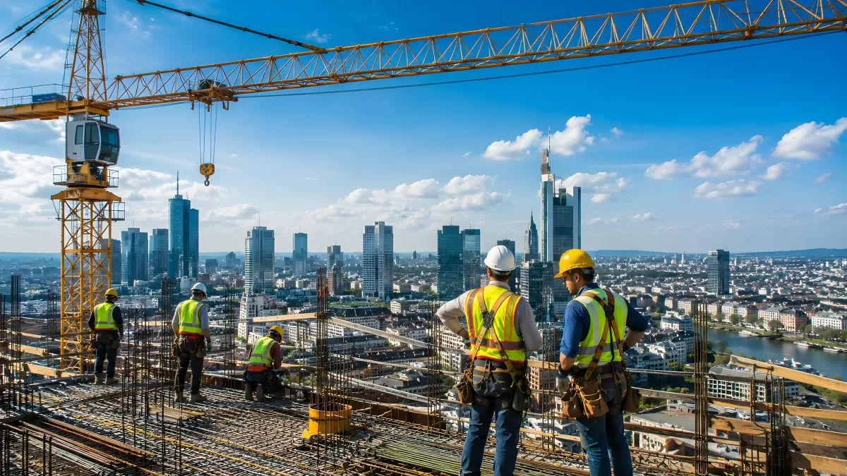 Bauarbeiter auf Hochhaus-Rohbau mit Stadtpanorama