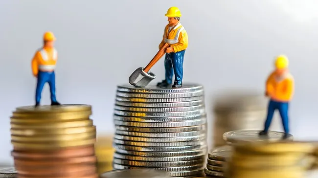 Bauarbeiter auf Münzstapeln - Aufbau der Wirtschaft