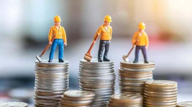 Bauarbeiter auf Münzstapeln - Symbol für Finanzen und Investitionen