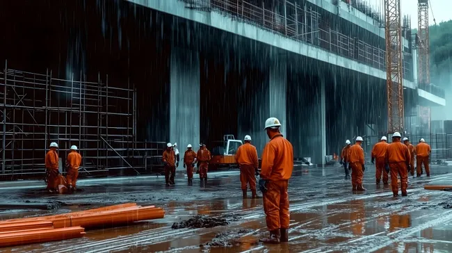 Bauarbeiter auf nasser Baustelle bei Regenwetter