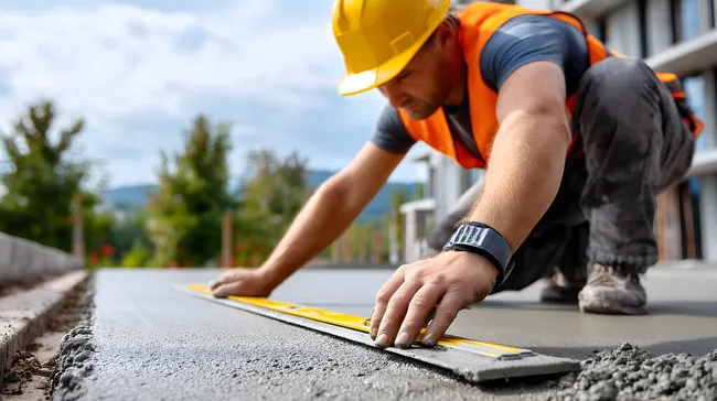 Bauarbeiter bei Betonglättung auf Baustelle