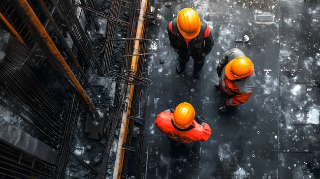 Bauarbeiter bei Winterbaustelle im Schneegestöber
