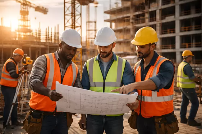Bauarbeiter diskutieren Baupläne auf der Baustelle