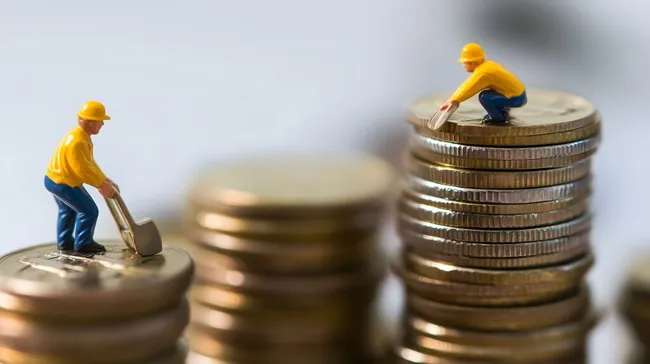 Bauarbeiter-Figuren stapeln Münzen als Symbol für Finanzen