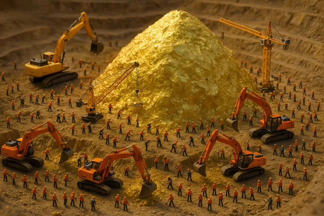Bauarbeiter in Goldmine mit riesigem Goldberg