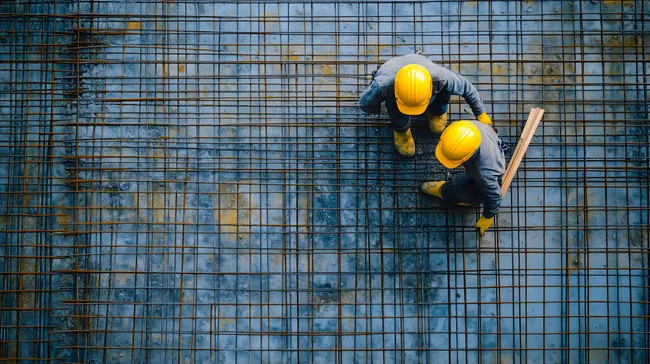Bauarbeiter in Schutzausrüstung auf Stahlgerüst