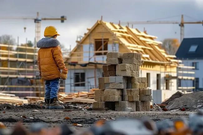 Bauarbeiter inspiziert Baustelle mit Holzdach