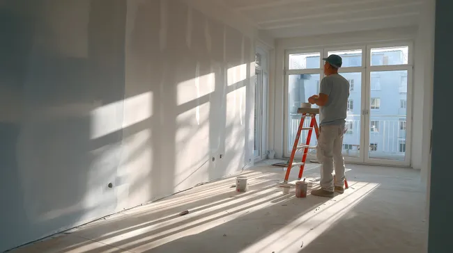 Bauarbeiter misst Wandhöhe in leerem Raum