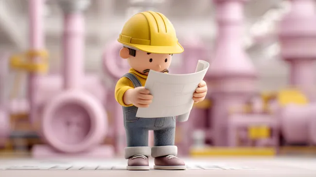 Bauarbeiter mit Bauplan in Werkhalle