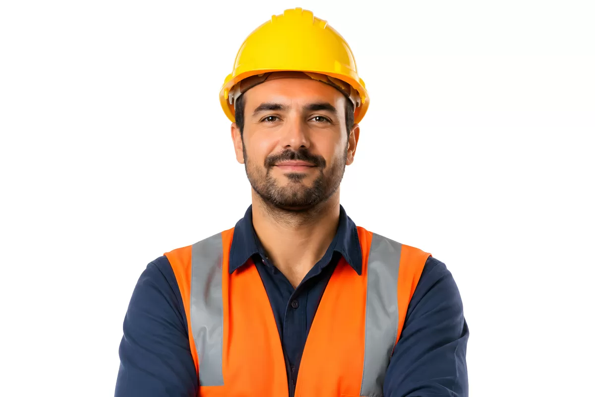 Bauarbeiter mit gelbem Helm und Warnweste lächelt