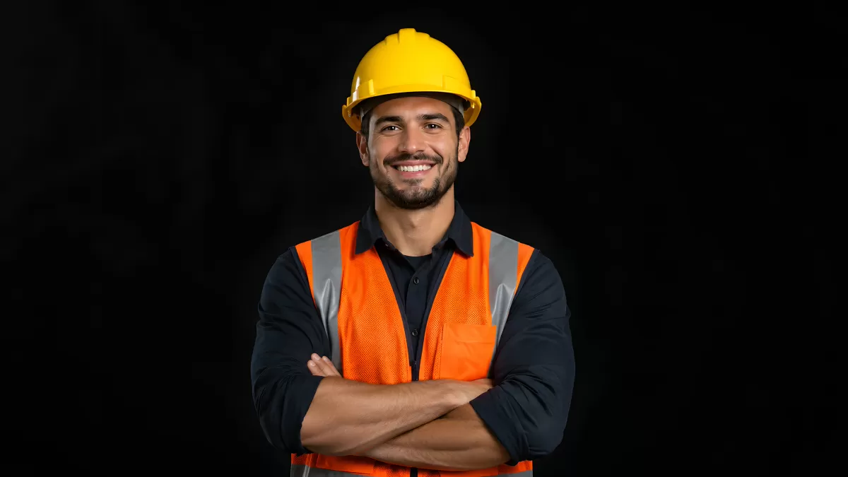 Bauarbeiter mit Helm und Warnweste lächelt