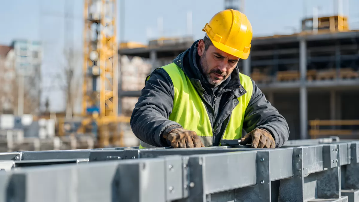 Bauarbeiter mit Schutzhelm arbeitet auf Baustelle — Bild kostenlos herunterladen