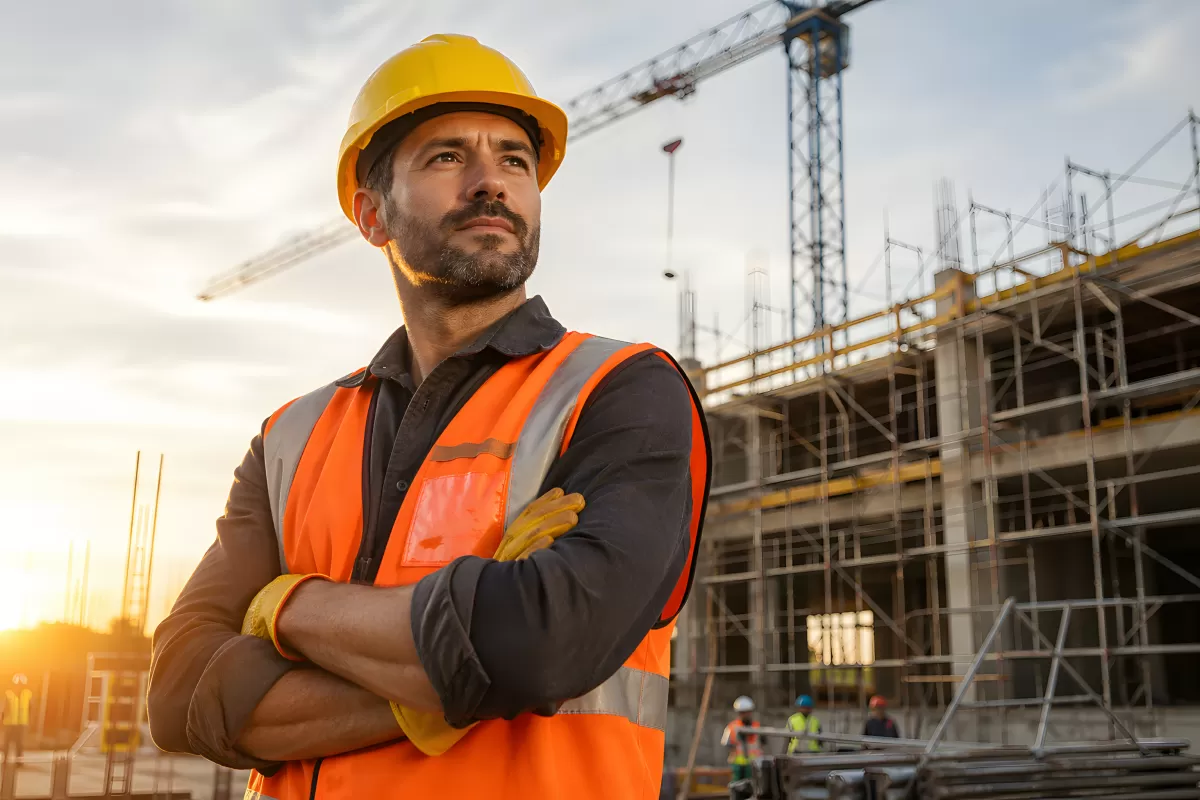 Bauarbeiter mit Schutzhelm vor Baustelle im Abendlicht