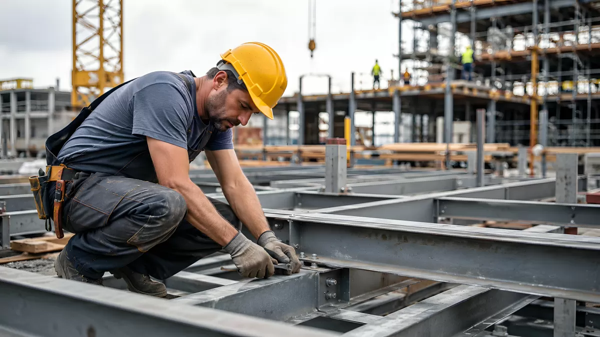 Bauarbeiter montiert Stahlträger auf einer Baustelle