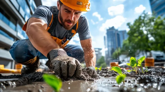 Bauarbeiter pflanzt Grünzeug in der Stadt