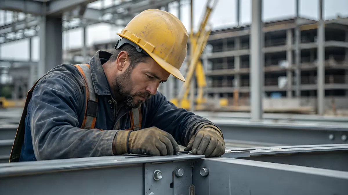 Bauarbeiter prüft Stahlträger auf Großbaustelle — Bild kostenlos herunterladen
