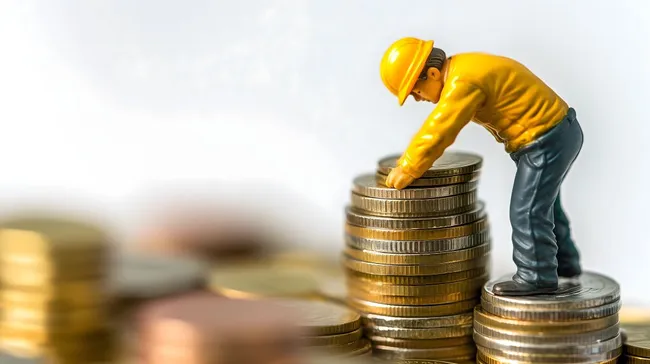 Bauarbeiter stapelt Münzen - Symbol für Finanzen und Wachstum