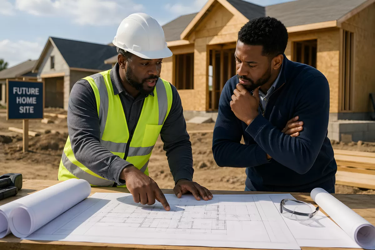Bauarbeiter und Kunde besprechen Baupläne auf Baustelle