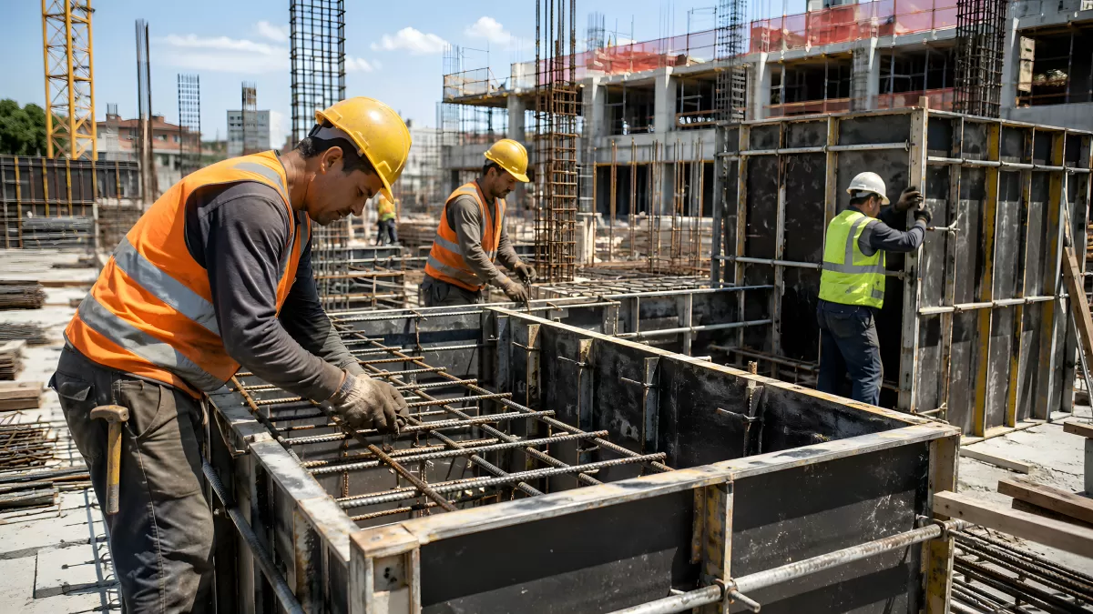 Bauarbeiter verlegen Bewehrungsstahl auf Großbaustelle