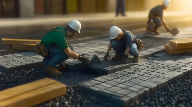 Bauarbeiter verlegen Pflastersteine an Straßenbaustelle