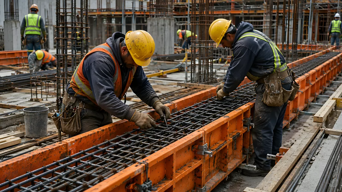 Bauarbeiter verlegen Stahlarmierung auf Großbaustelle