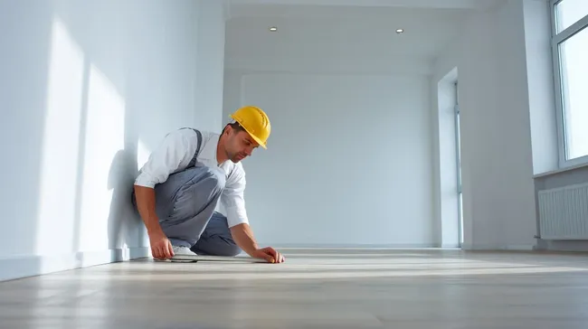 Bauarbeiter vermisst Wandhöhe in sonnigem Büroraum