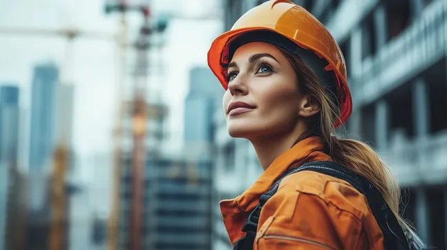 Bauarbeiterin inspiziert Baustelle in urbaner Umgebung