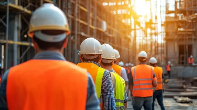 Bauarbeiterteam auf moderner Baustelle mit Schutzausrüstung