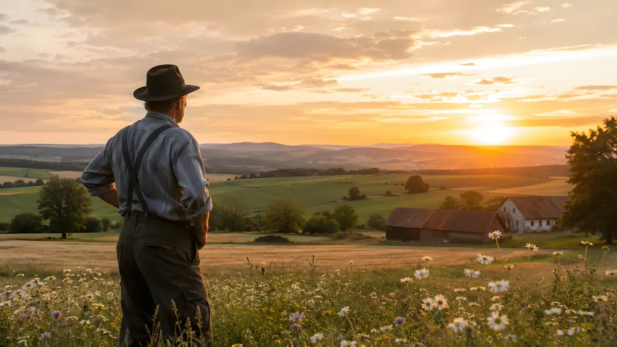Bauer blickt bei Sonnenuntergang über sein Ackerland