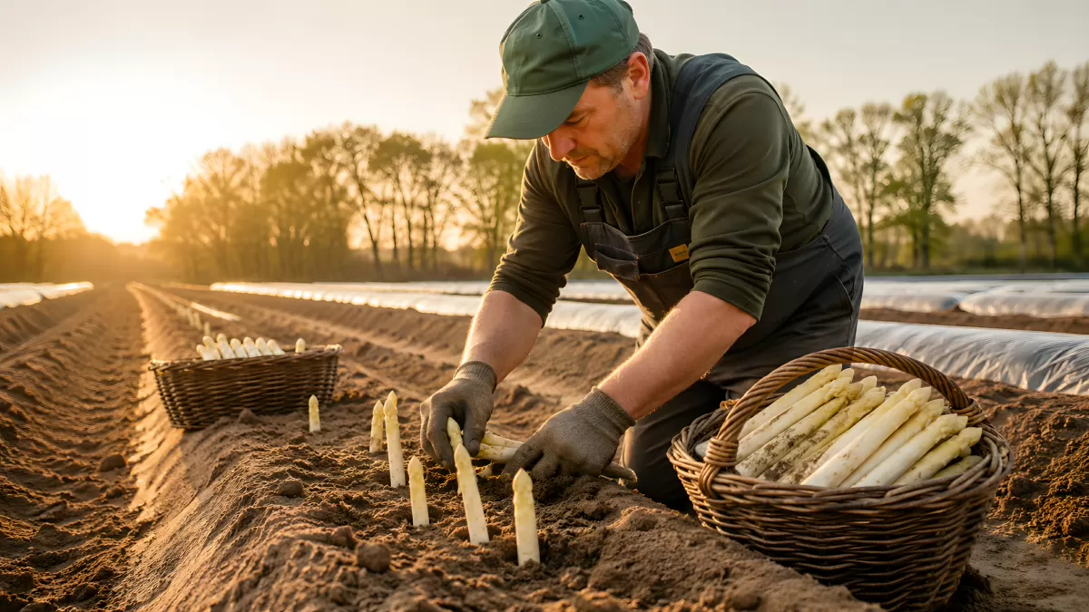 Bauer erntet weißen Spargel von Hand im Frühling