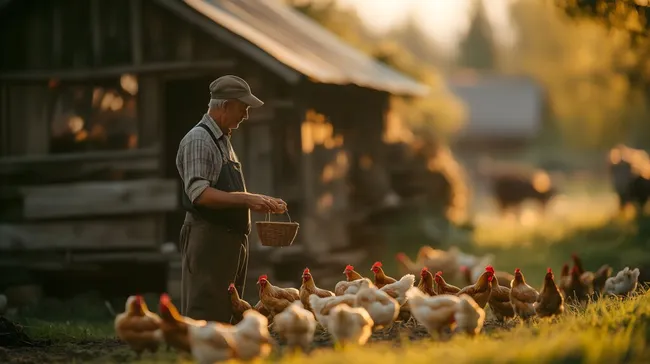 Bauer füttert Hühner auf Bauernhof bei Sonnenuntergang
