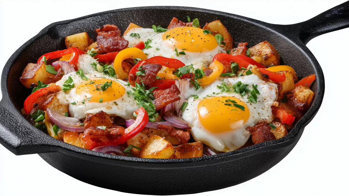 Bauernpfanne mit Eiern, Speck und Paprika