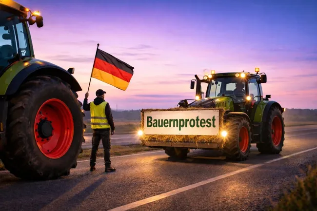 Bauernprotest mit Traktoren bei Sonnenuntergang