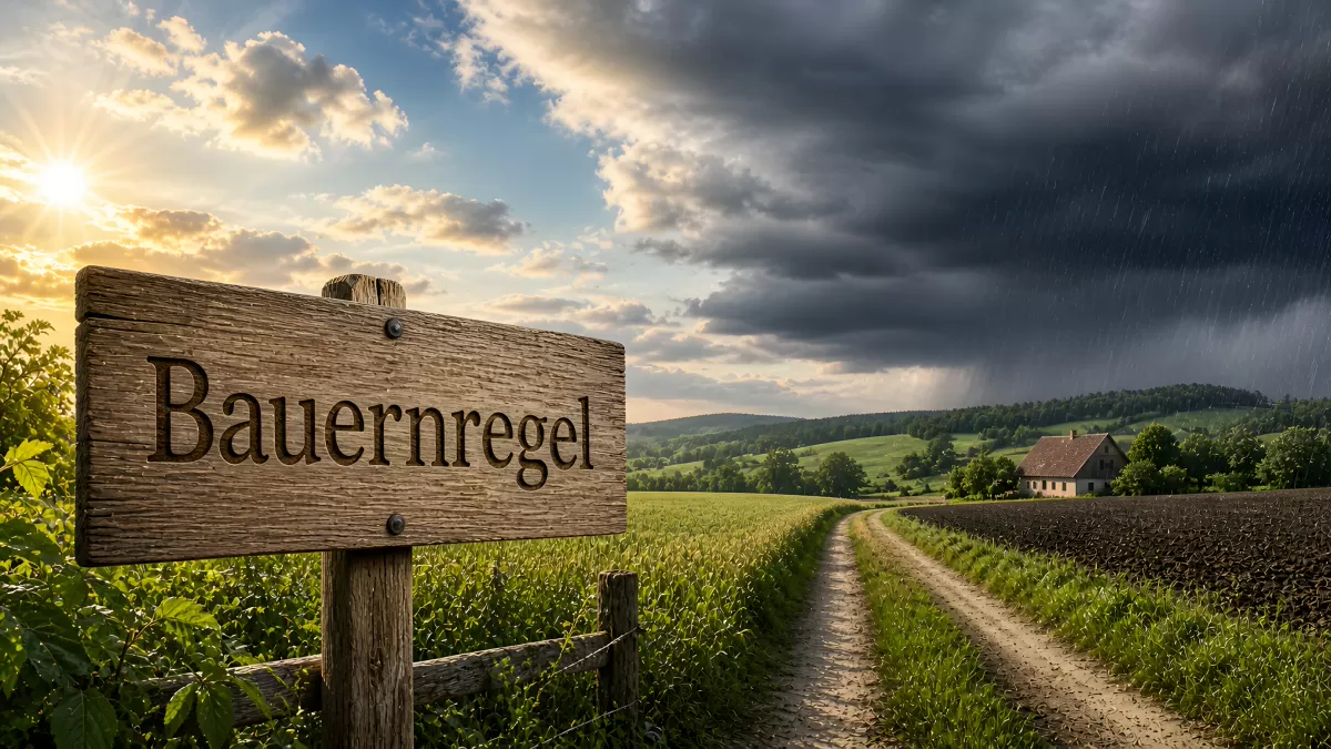Bauernregel-Schild am Feldweg mit Wetterkontrast