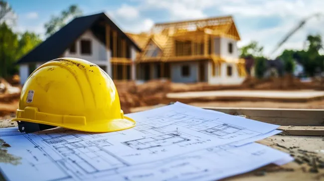 Bauhelm auf Bauplänen vor Rohbau