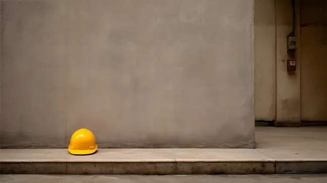 Bauhelm auf Baustellenboden vor Betonwand