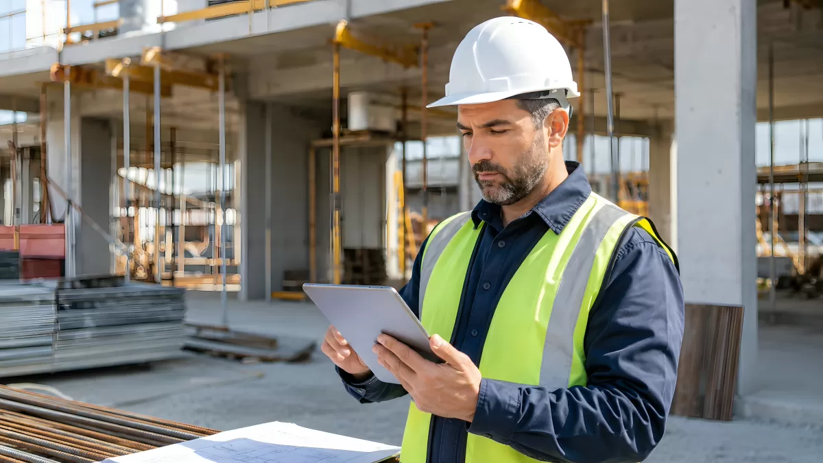 Bauingenieur mit Tablet auf moderner Baustelle