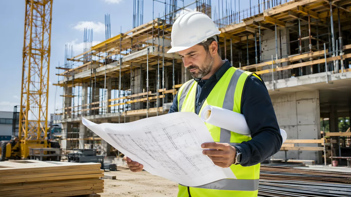 Bauingenieur prüft Baupläne auf aktiver Baustelle