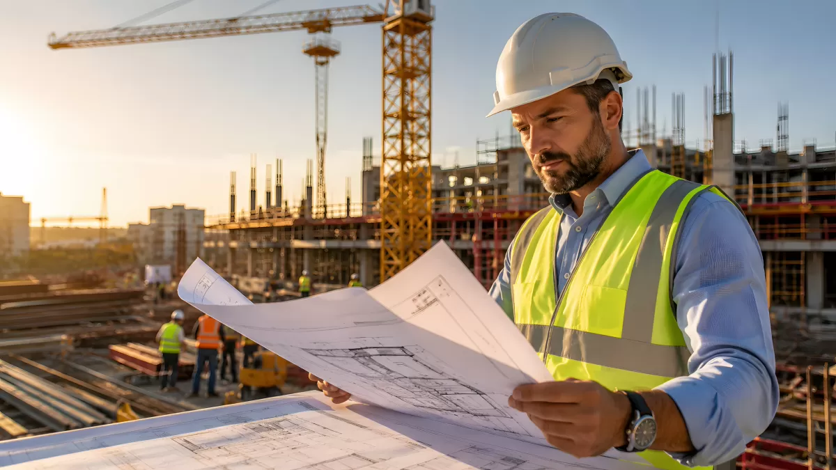 Bauingenieur prüft Baupläne auf einer Großbaustelle