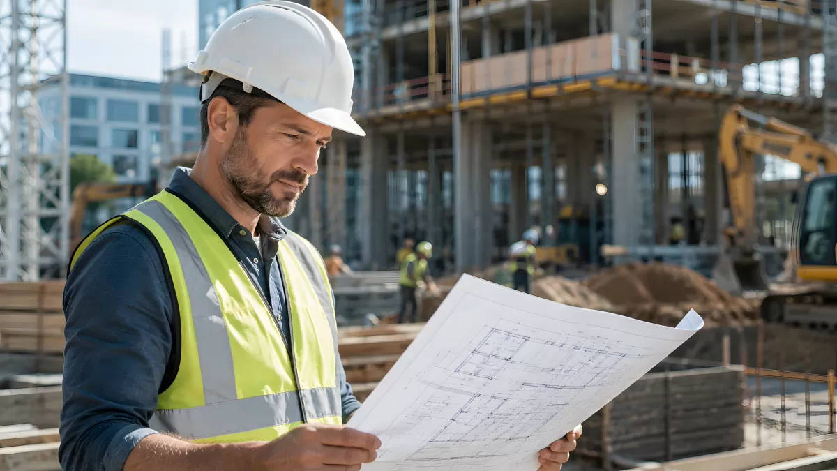 Bauingenieur prüft Grundriss auf aktiver Baustelle