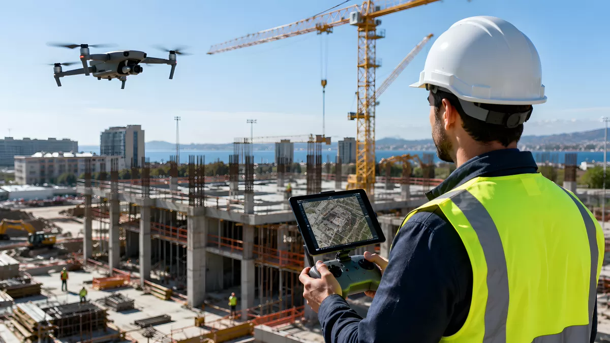 Bauingenieur steuert Drohne über Großbaustelle